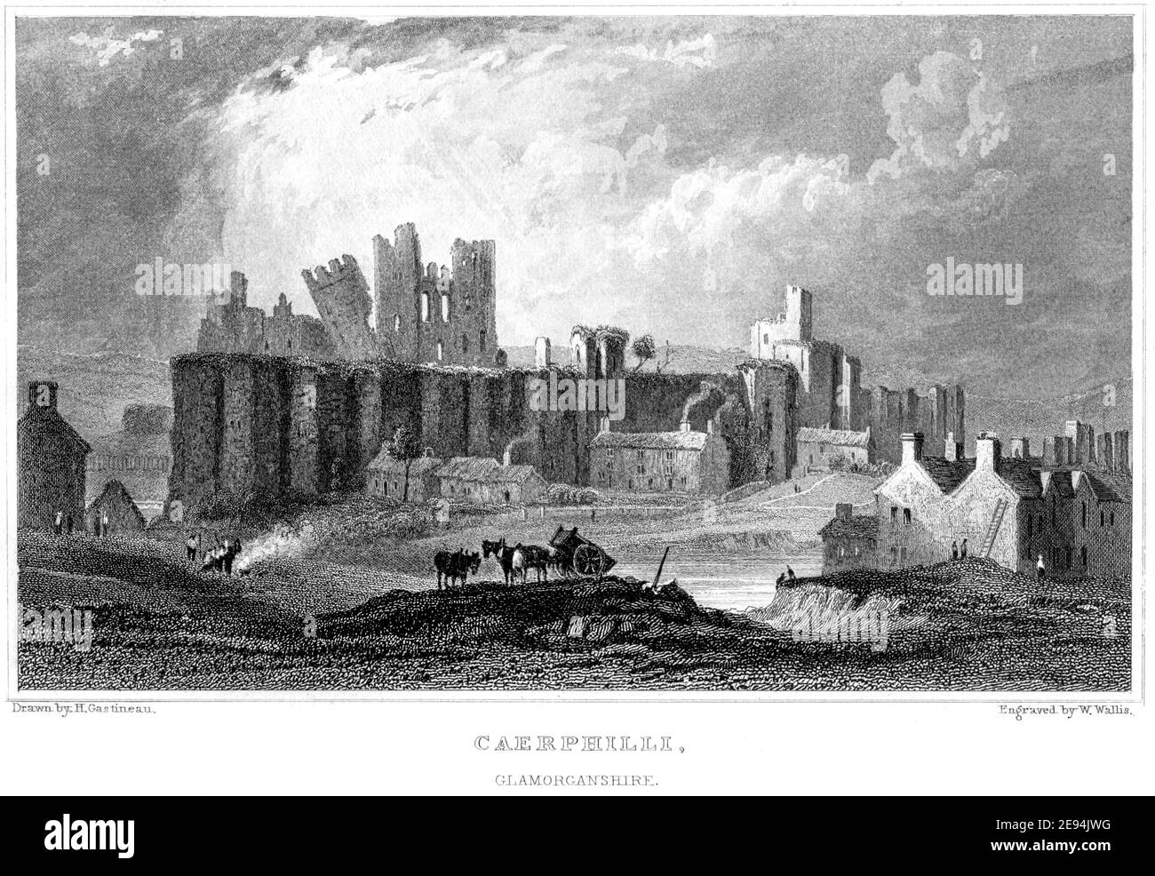 Une gravure de Caerphilli (Caerphilly) Glamourganshire numérisée à haute résolution à partir d'un livre publié en 1854. Je pensais libre de droits d'auteur. Banque D'Images