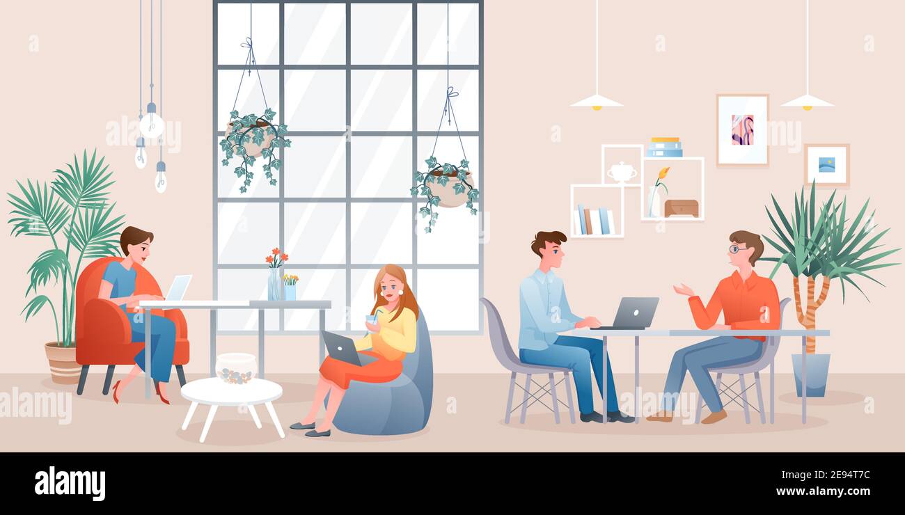 Les gens travaillent ou étudient dans l'espace de travail moderne et créatif du centre de travail de collègue, assis dans un café Illustration de Vecteur Les gens travaillent ou étudient dans l'espace de travail moderne et créatif du centre de travail de collègue, assis dans un café Illustration de Vecteur