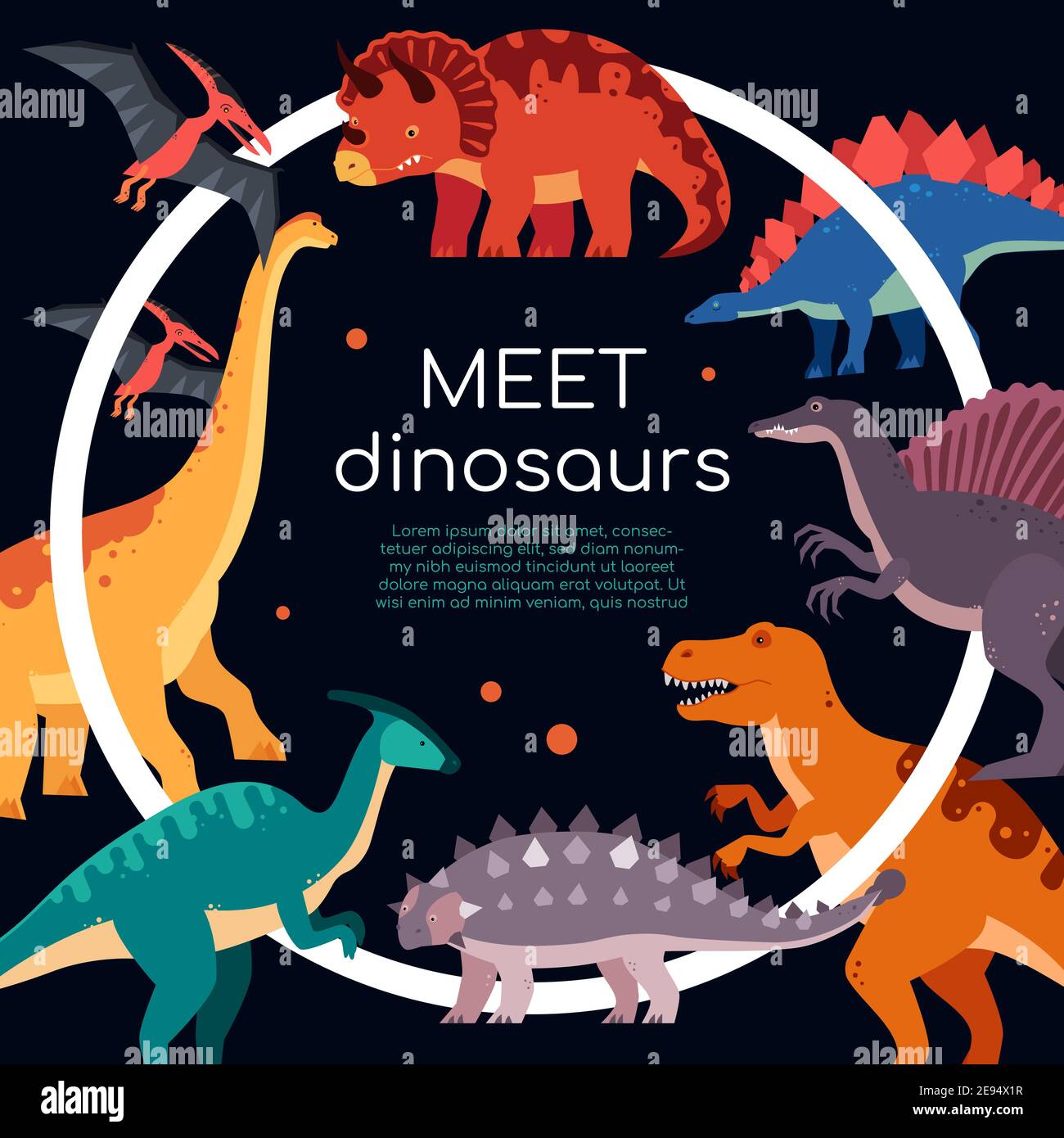 Découvrez les dinosaures - bannière plate colorée avec espace de copie pour le texte. Pteranodon, brachiosaurus, ankylosaurus, T-rex, triceratops, spinosaurus, Illustration de Vecteur