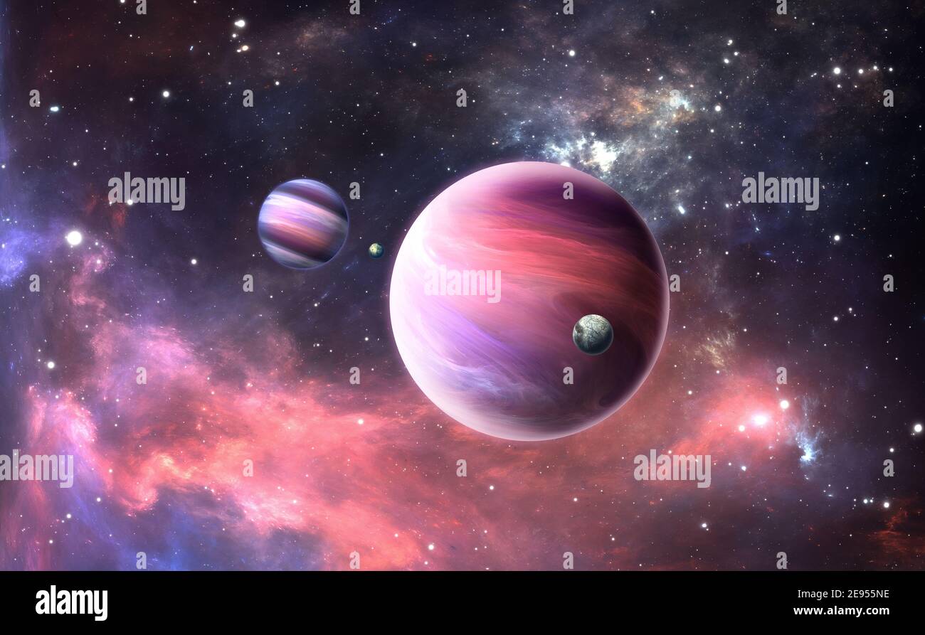 Planètes extrasolaires avec atmosphère et lune. Illustration 3D Banque D'Images