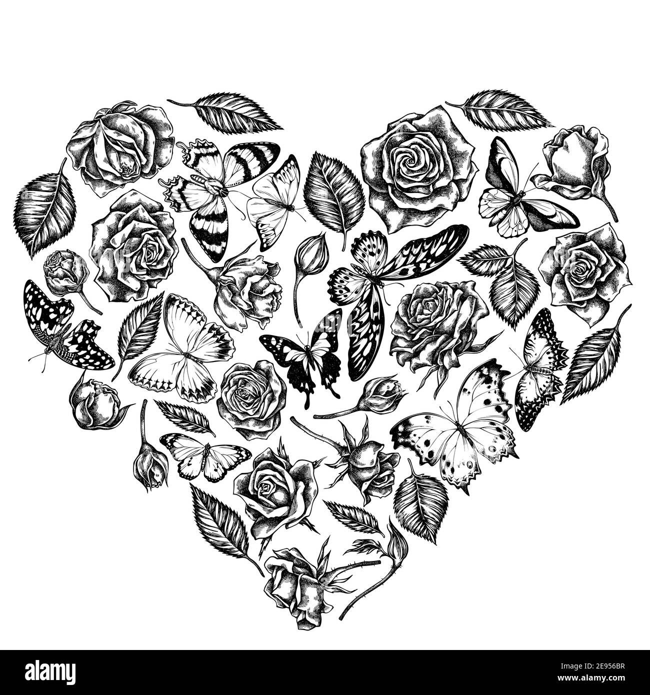 Coeur floral avec papillon noir et blanc citron, lacuse rouge, queue d'allowtail géant africain, alcides agathyrsus, oiseau doré de wallace Illustration de Vecteur