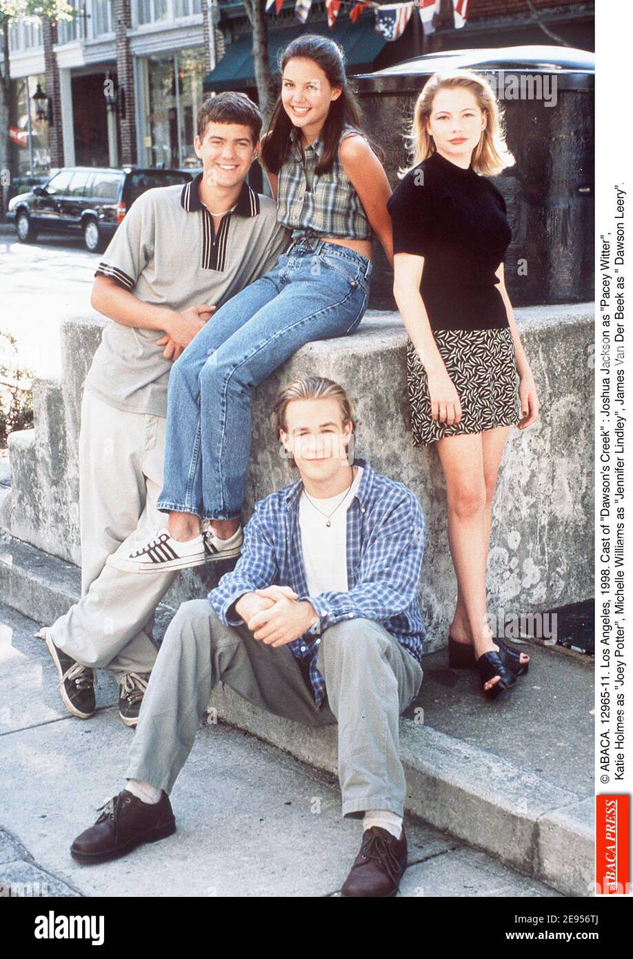 © ABACA. 12965-11. Los Angeles, 1998. Casting de Dawson's Creek : Joshua Jackson en tant que Pacey Witter, Katie Holmes en tant que Joey Potter, Michelle Williams en tant que Jennifer Lindley, James Van Der Beek en tant que Dawson Leery. Banque D'Images