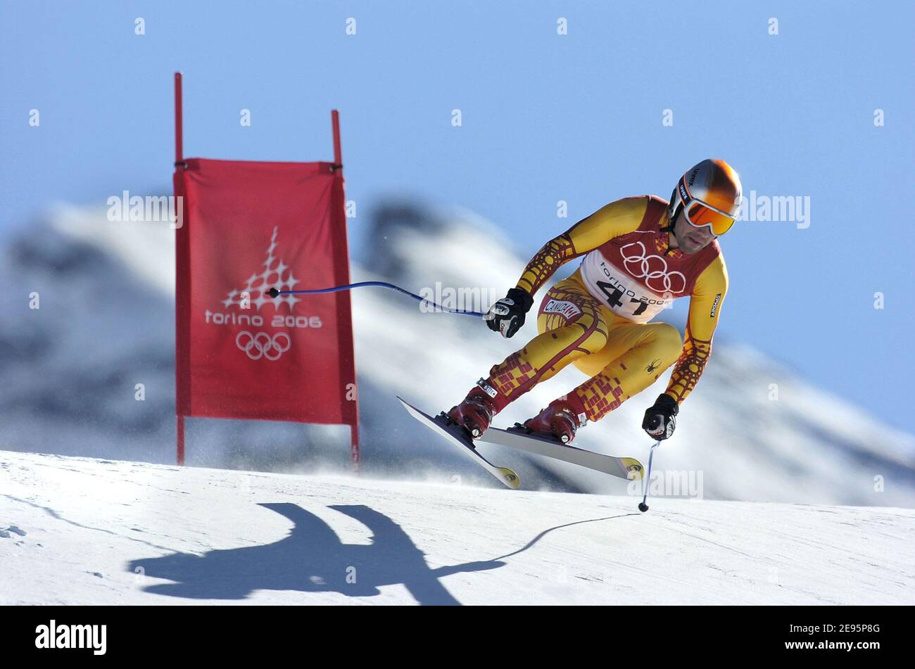 Le canadien François Bourque pendant la course d'entraînement pour les hommes en descente aux Jeux olympiques d'hiver de 2006 à Turin, à Sestriere Borgata, en Italie, le 10 février 2006. Photo de Gouhier-Nebinger-Orban/ABACAPRESS.COM Banque D'Images