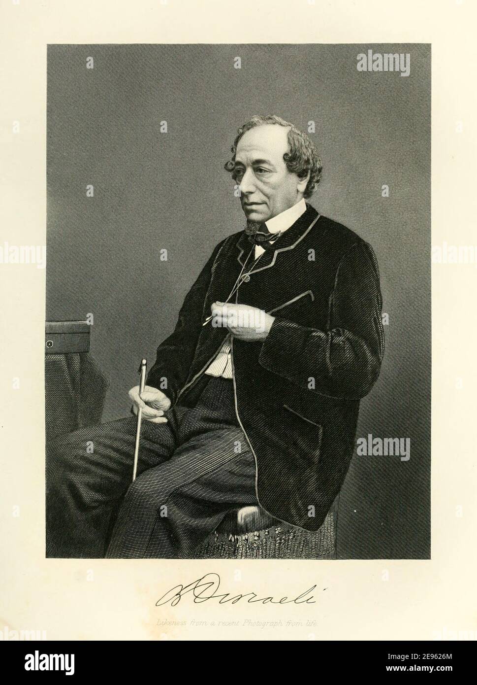 Portrait gravé sur la base d'une photographie de l'homme d'État britannique et romancier Benjamin Disraeli (1804 – 1881), 1874. Banque D'Images