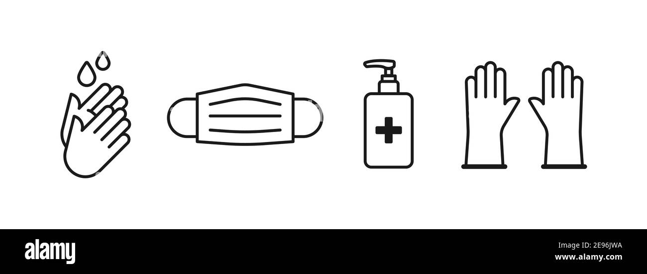 Prévention Contour du coronavirus ensemble d'icônes noires. Lavage des mains, masque médical pour le visage, distributeur de désinfectant pour les mains et gants jetables. Covid-19. Vecteur Ill Illustration de Vecteur