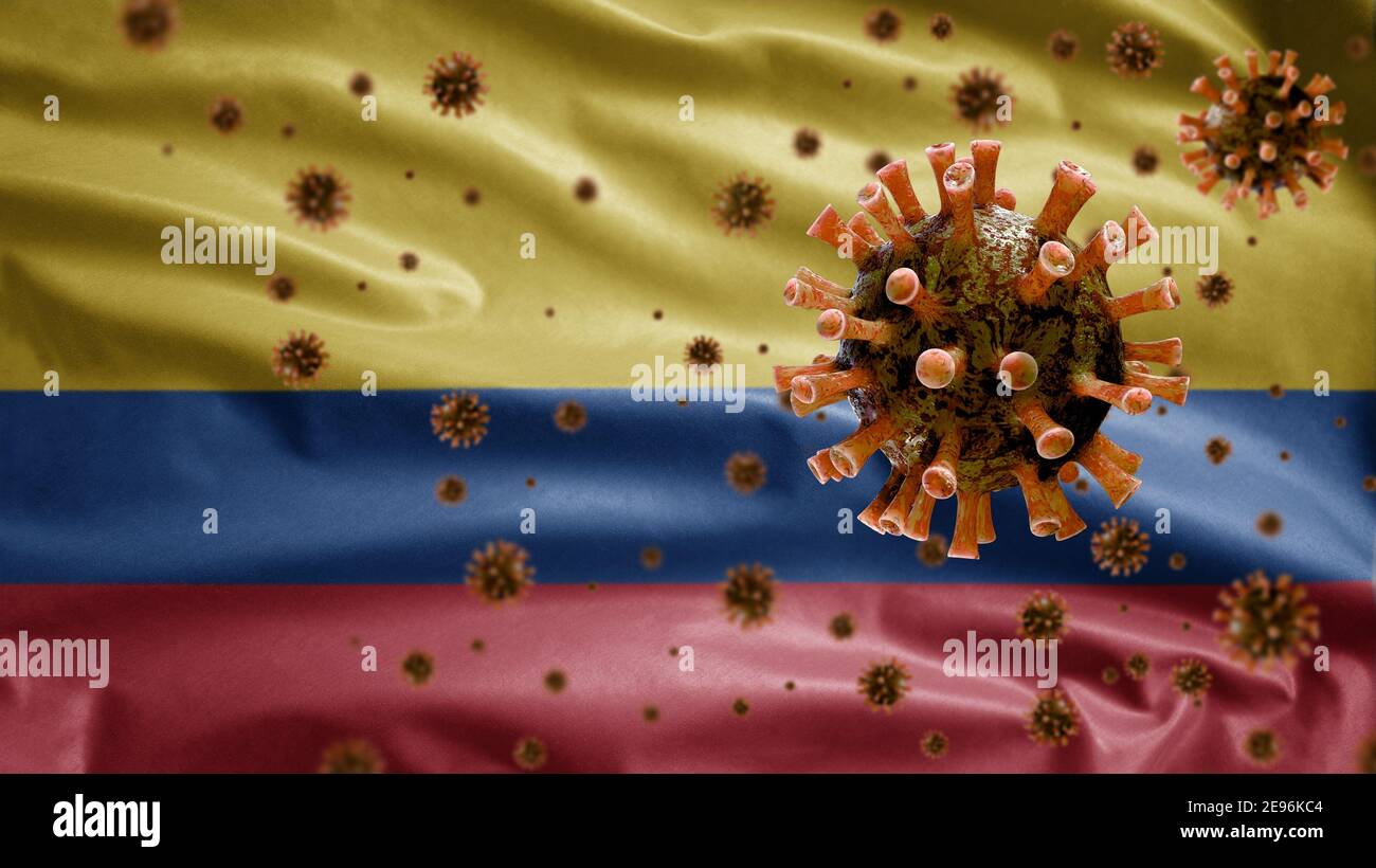 Drapeau colombien agitant avec une épidémie de coronavirus infectant le système respiratoire comme une grippe dangereuse. Type de grippe virus Covid 19 avec national Colombie ba Banque D'Images