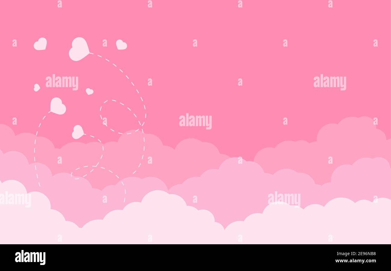 J'adore le paysage romantique de la bordure du ciel rose en style de dessin animé avec des coeurs volants. Arrière-plan pour la Saint-Valentin avec emplacement pour le texte. Nuages roses avec effet superposé. Idéal pour les bannières. Illustration vectorielle Illustration de Vecteur