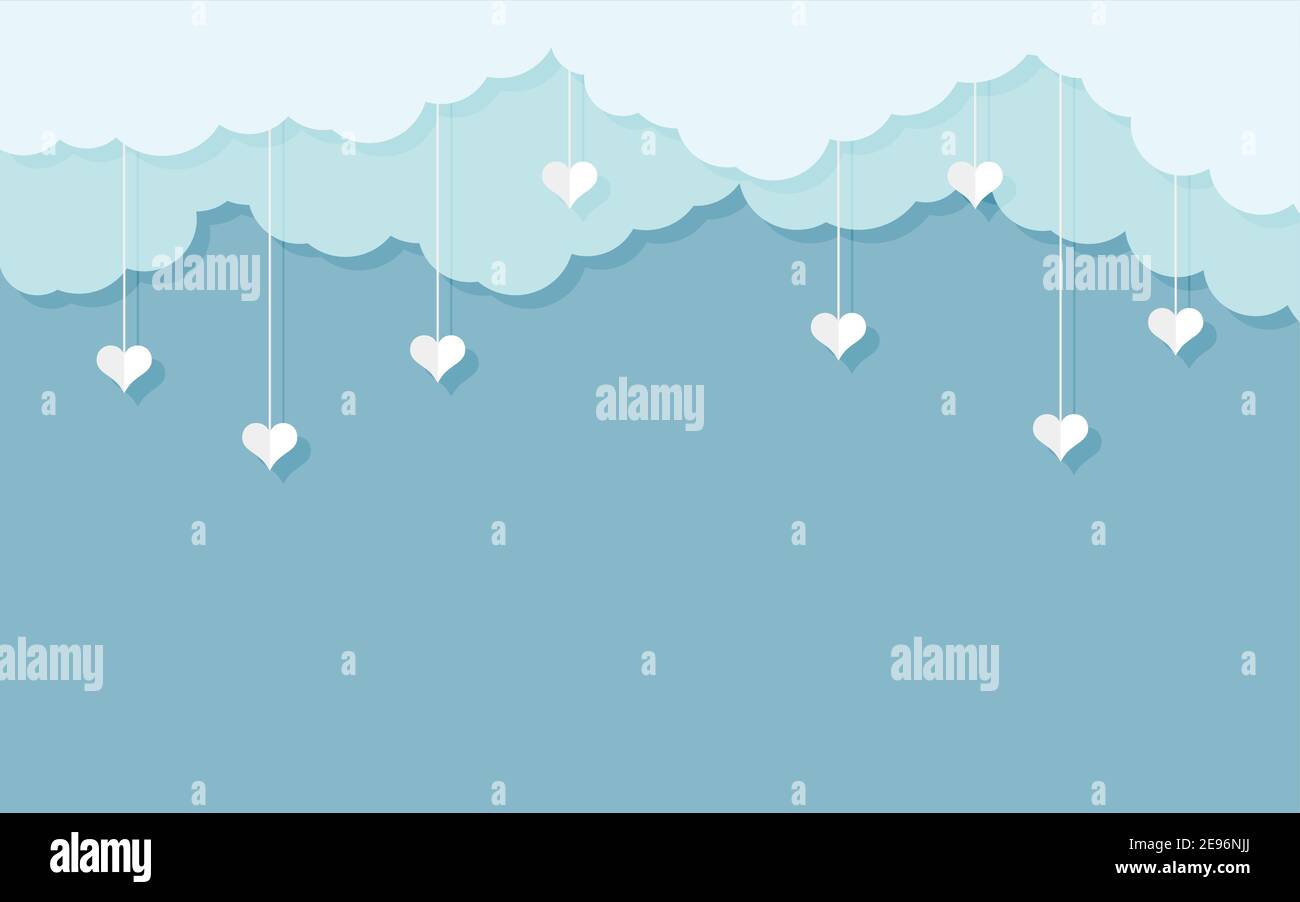 Nuages bleus avec coeurs blancs suspendus style coupé en papier. Arrière-plan pour la Saint-Valentin avec emplacement pour le texte. Ciel nuageux, effet superposé scène ciel. J'adore la bordure romantique pour la bannière. Illustration vectorielle Illustration de Vecteur