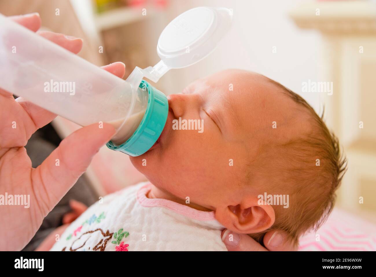 Les mains de la mère tiennent le bébé et le biberon à la jeune fille du nouveau-né. Banque D'Images