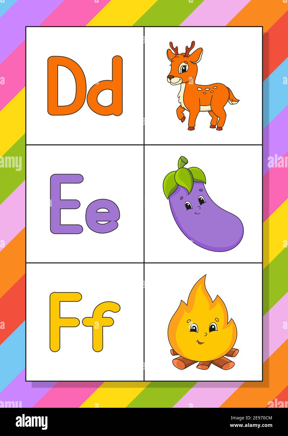 Alphabet anglais avec caractères de dessin animé. Cartes Flash. Ensemble de vecteurs. Style coloré. Apprendre ABC. Minuscules et majuscules. Illustration de Vecteur