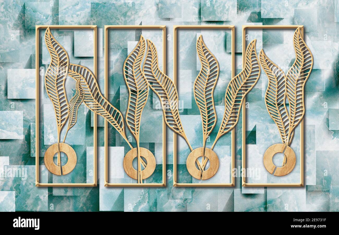 illustration 3d, fond en marbre vert avec rectangles, cadres verticaux beiges et feuilles longues abstraites Banque D'Images