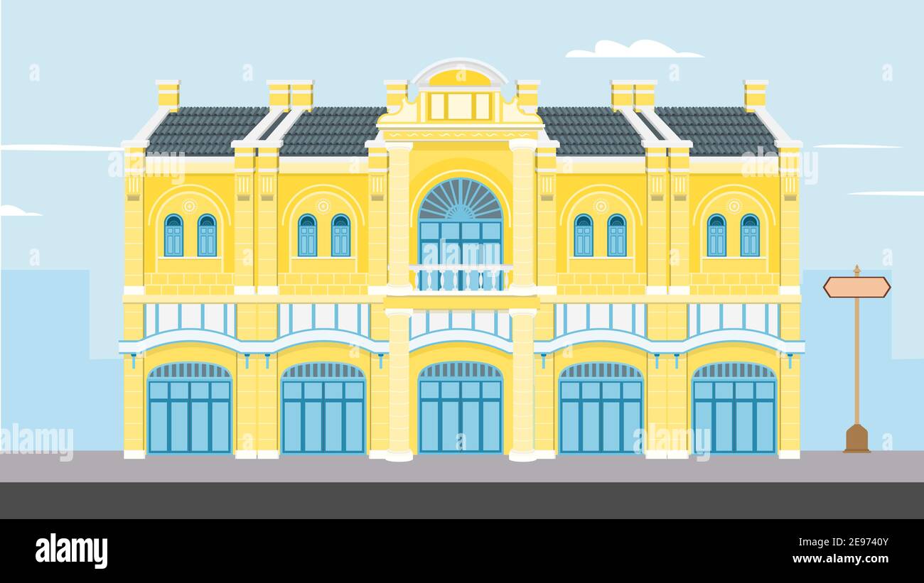 Illustration vectorielle de bâtiment Thai Vintage.bâtiments de Goverment sur la rue conception plate.Old Bâtiment historique à Bangkok.Maison classique sur la rade avec la ville b Illustration de Vecteur