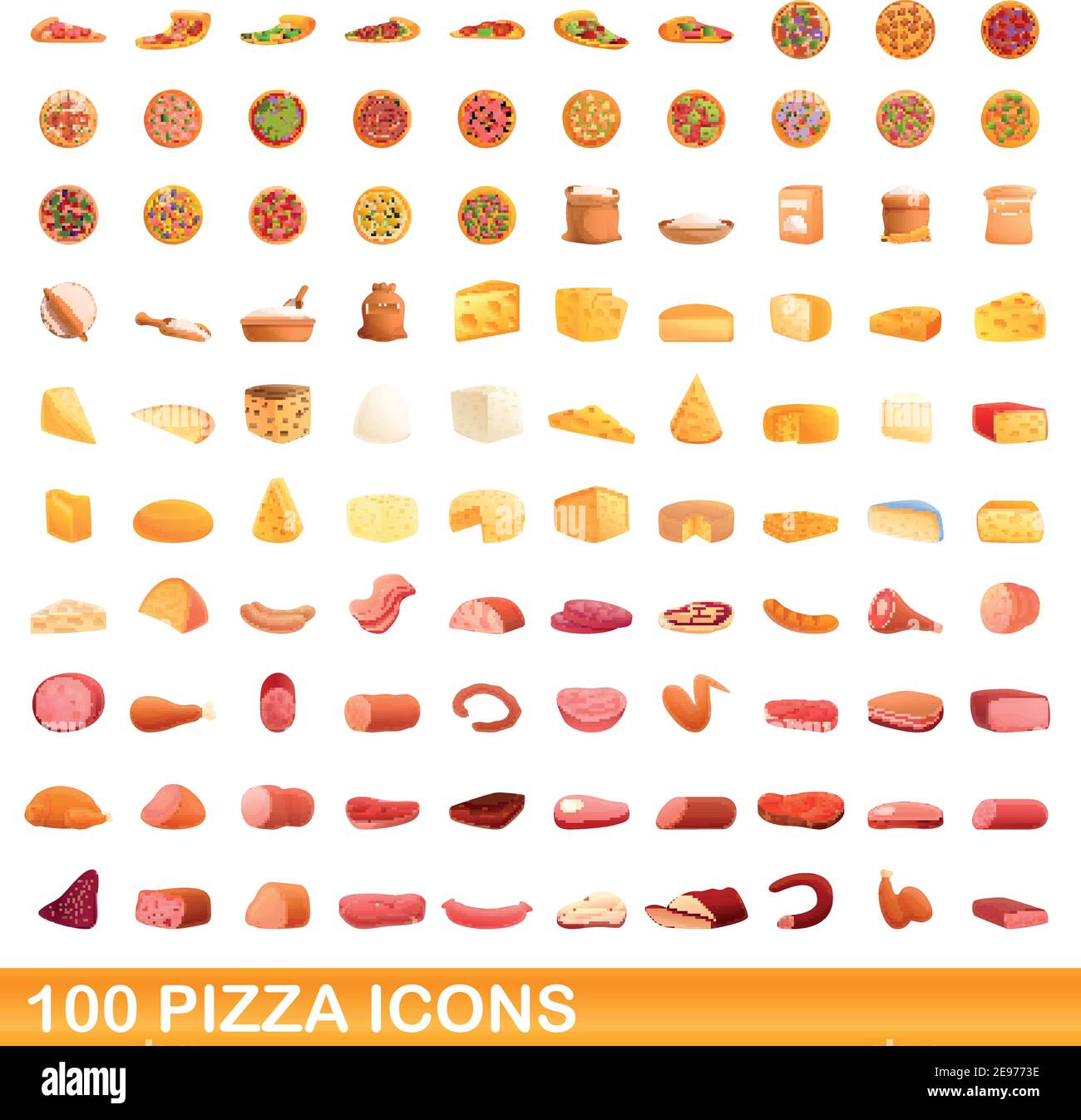 ensemble de 100 icônes de pizza. Illustration de 100 icônes de pizza ensemble vectoriel isolé sur fond blanc Illustration de Vecteur