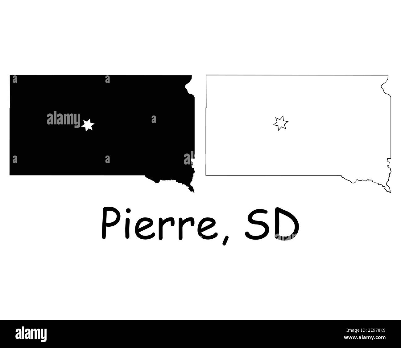 Dakota du Sud SD carte de l'État des États-Unis avec Capital City Star à Pierre. Silhouette noire et cartes isolées sur fond blanc. Vecteur EPS Illustration de Vecteur