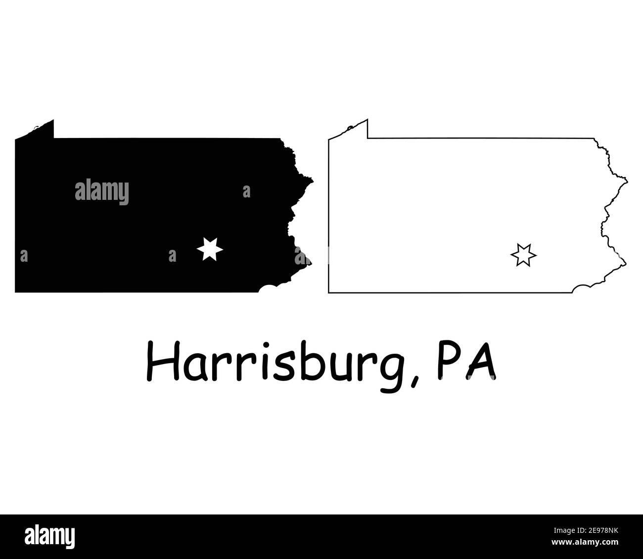 Pennsylvania PA State Map USA avec Capital City Star à Harrisburg. Silhouette et contour noirs isolés sur fond blanc. Vecteur EPS Illustration de Vecteur
