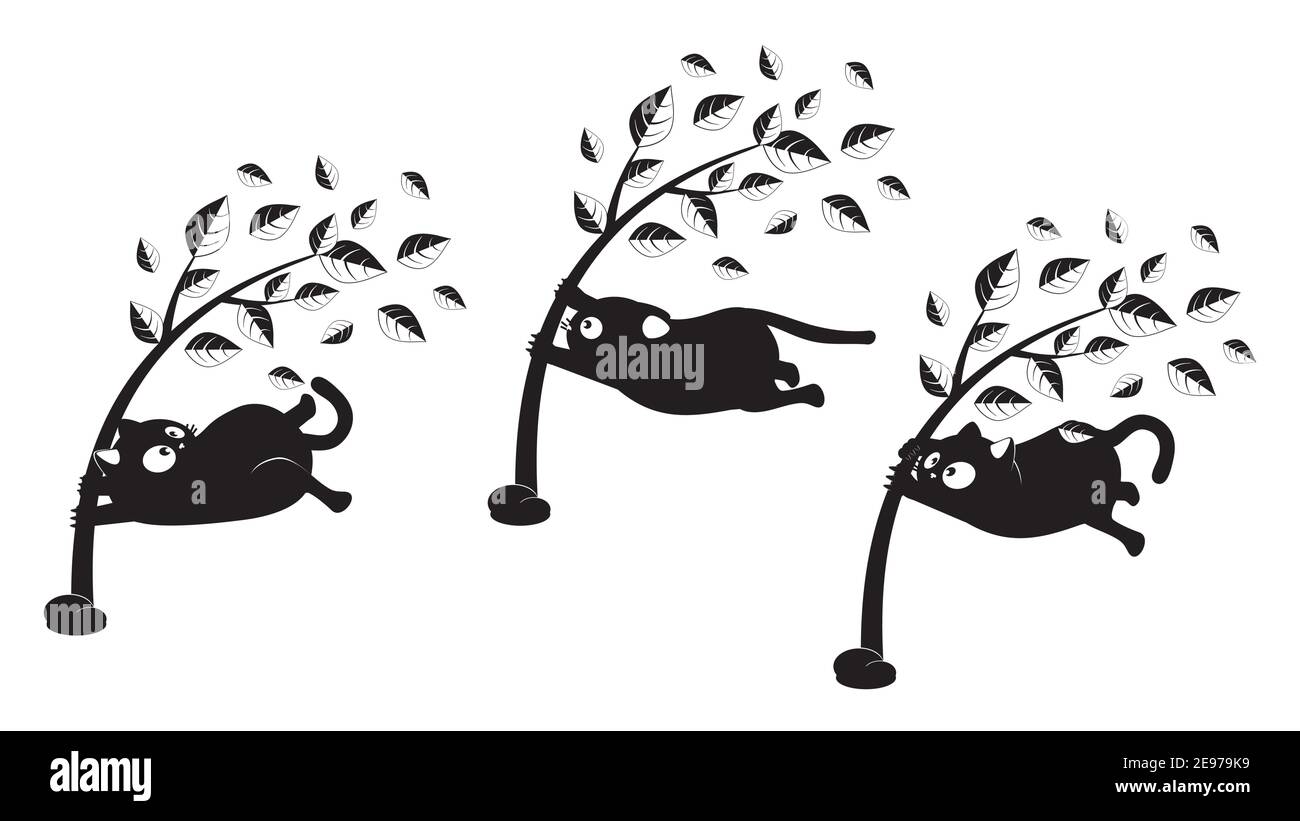 Un chat noir mignon de dessin animé se accroche à un arbre pendant une tempête. Illustration de Vecteur