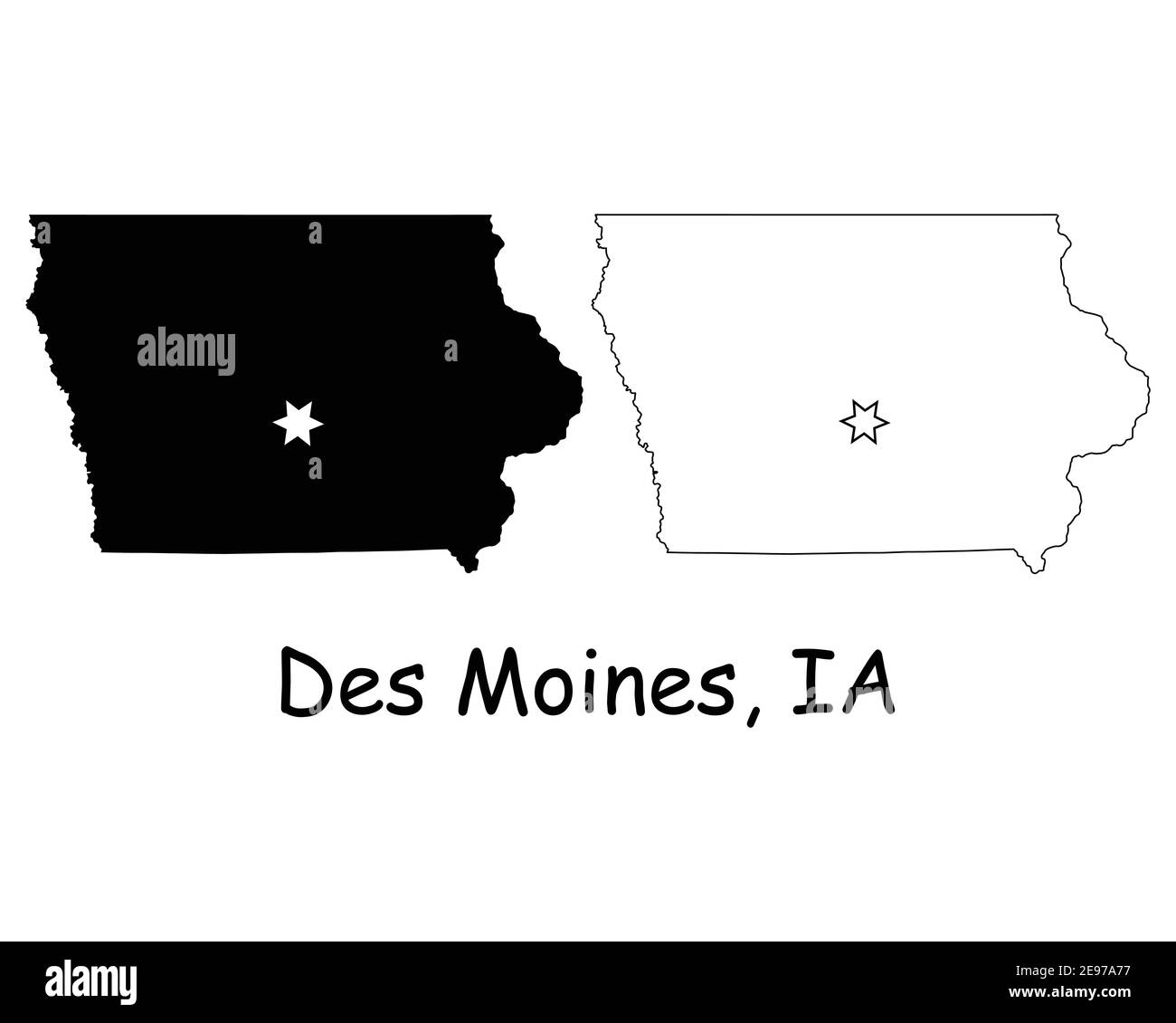 Iowa IA State Map USA avec Capital City Star à des Moines. Silhouette et contour noirs isolés sur fond blanc. Vecteur EPS Illustration de Vecteur