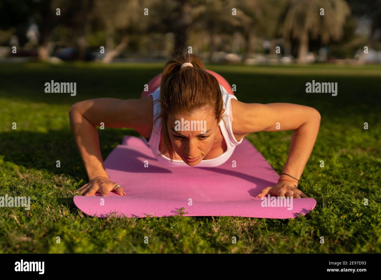 Une jeune femme s’engage dans des exercices au milieu de la verdure du parc, vêtue d’un pantalon de yoga rose, et positionnée sur un tapis de yoga. Banque D'Images