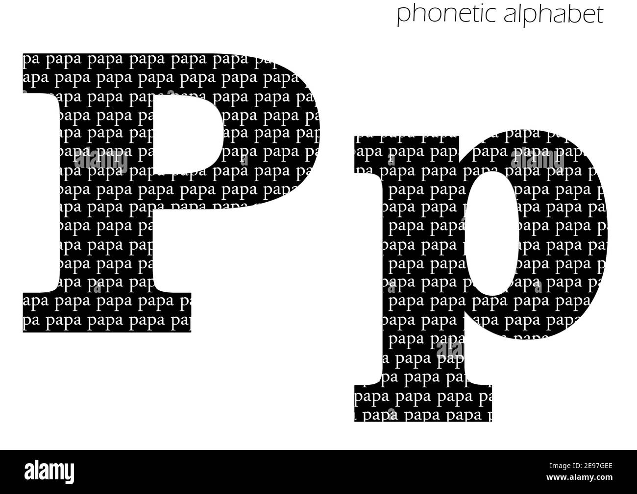 P (papa) 3D illustration dessin de l'alphabet phonétique pour la décoration en noir et blanc Banque D'Images
