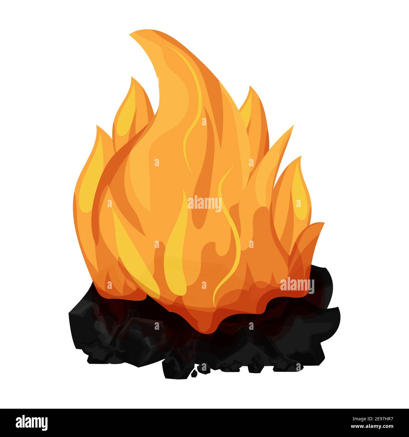 Charbon brûlant, charbon de bois avec flamme, feu de camp en style de dessin animé isolé sur fond blanc. Pile minérale, foyer près. Feu de joie avec des empers, obje Illustration de Vecteur