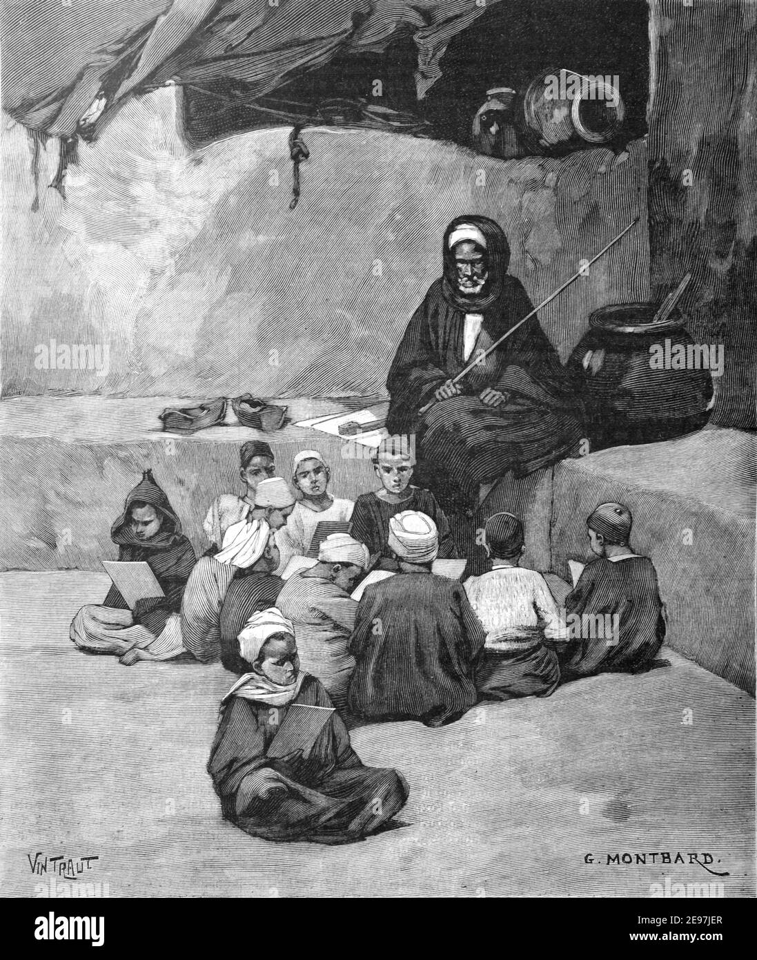 École coranique ou école islamique avec des élèves marocains ou Ecoles & Imam ou enseignant Oujda Maroc 1900 Vintage Illustration Ou gravure Banque D'Images