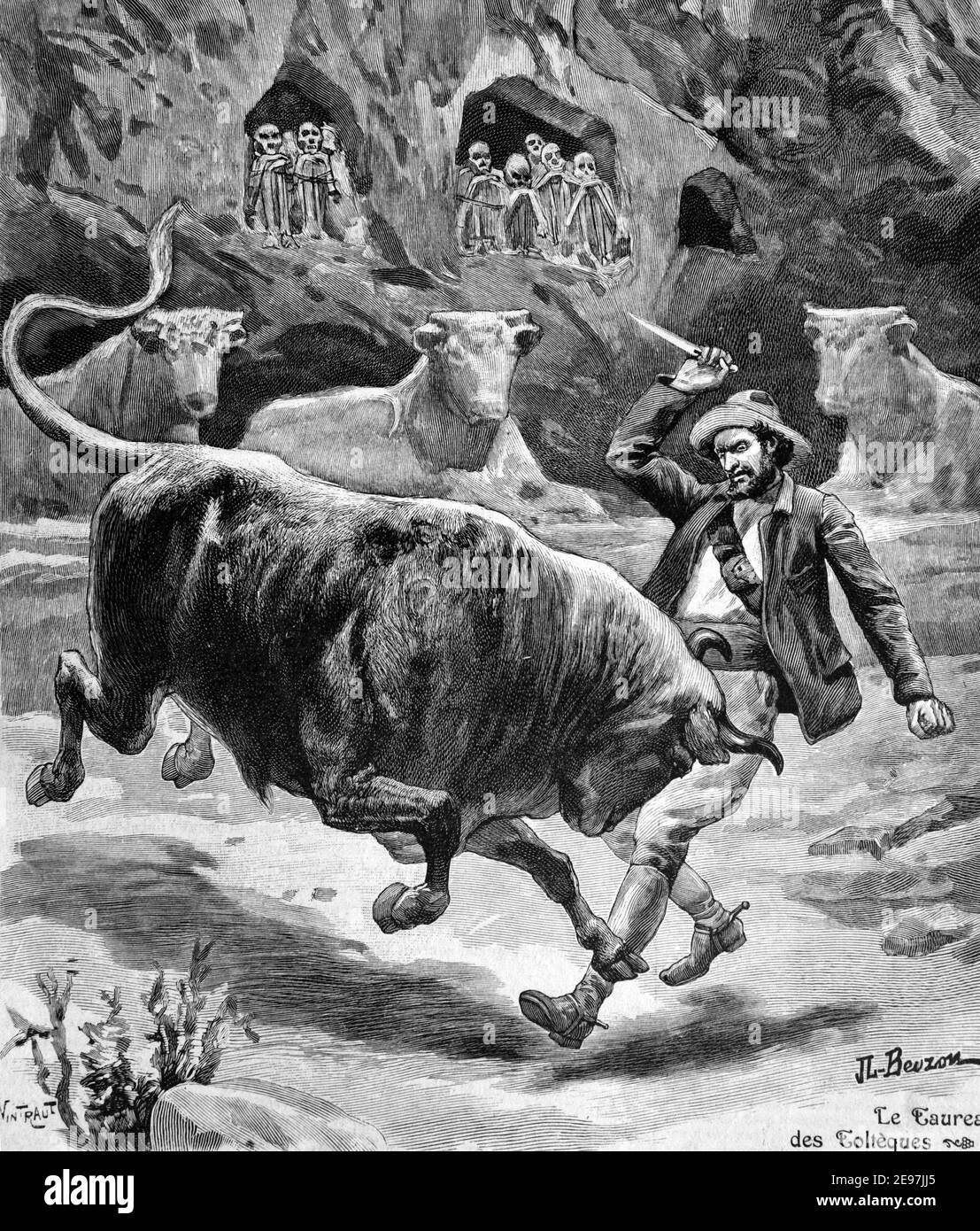 Cimetière Toltec & Bull vénération de l'Empire Toltec ou Toltec Culture, une culture méso-américaine pré-colombienne, centrée sur Tula Hidalgo Mexico 1911 Vintage Illustration ou gravure Banque D'Images