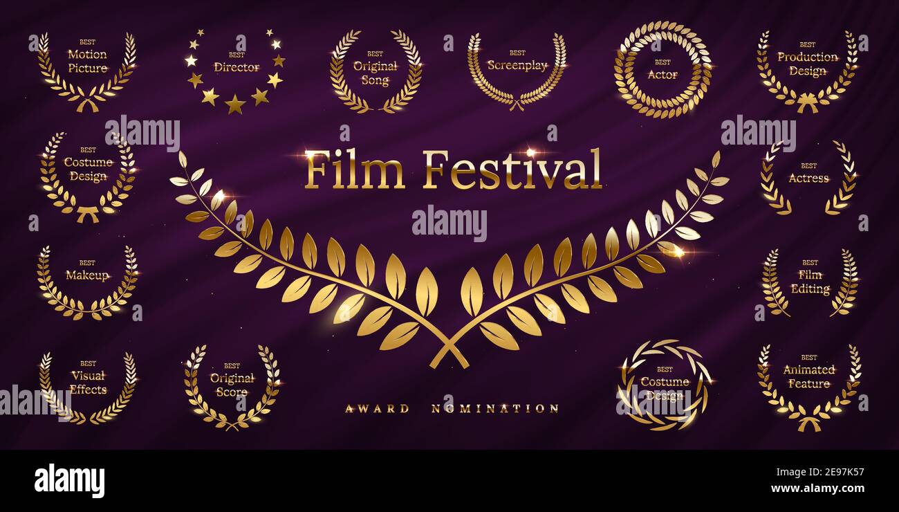 Guirlandes de lauriers dorées et brillantes isolées sur fond de rideau violet ondulant. Éléments de conception Vector film Awards Illustration de Vecteur