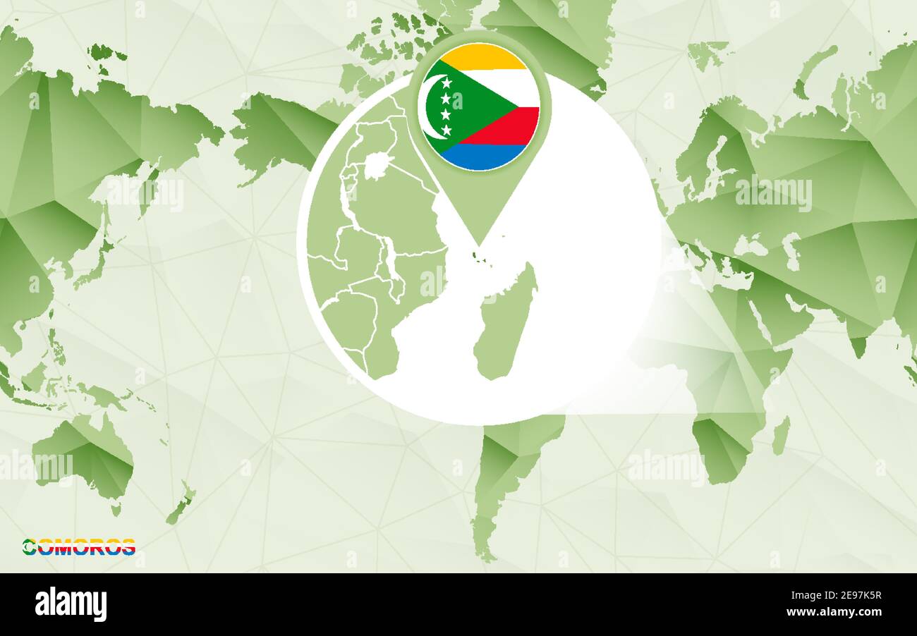 Carte du monde centrée sur l'Amérique avec carte agrandie des Comores. Carte du monde polygonale verte. Illustration de Vecteur