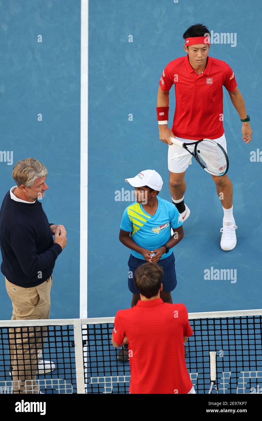 3 février 2021 : Kei Nishikori du Japon au moment du jeu de pièces de la coupe ATP du Groupe D contre Daniil Medvedev de Russie à l'arène John Cain à Melbourne, en Australie. Medvedev a gagné 62 64. Sydney Low/Cal Sport Media. Banque D'Images