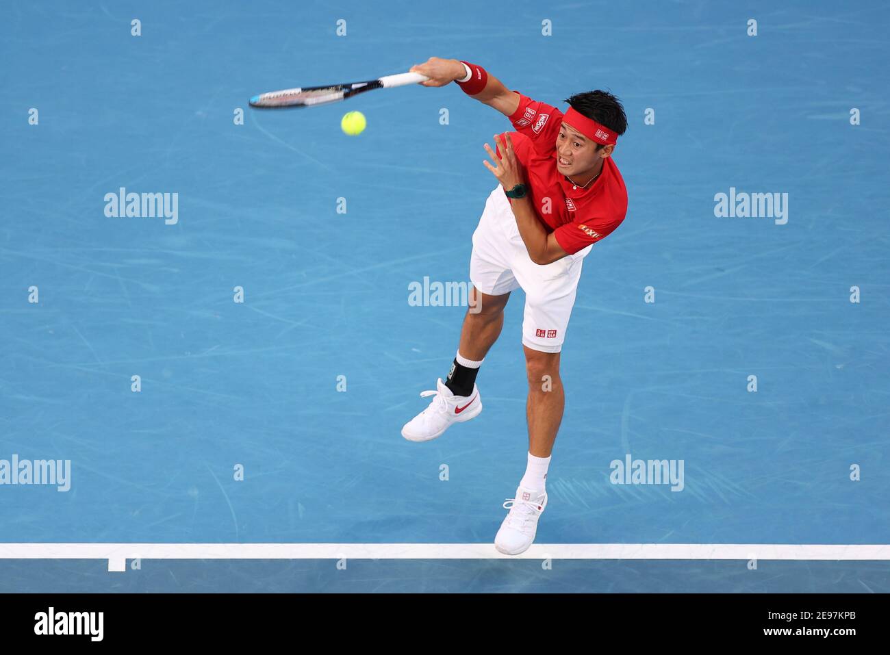 3 février 2021 : Kei Nishikori du Japon en action pendant le match de la coupe ATP du Groupe D contre Daniil Medvedev de Russie à la John Cain Arena de Melbourne, en Australie. Medvedev a gagné 62 64. Sydney Low/Cal Sport Media. Banque D'Images