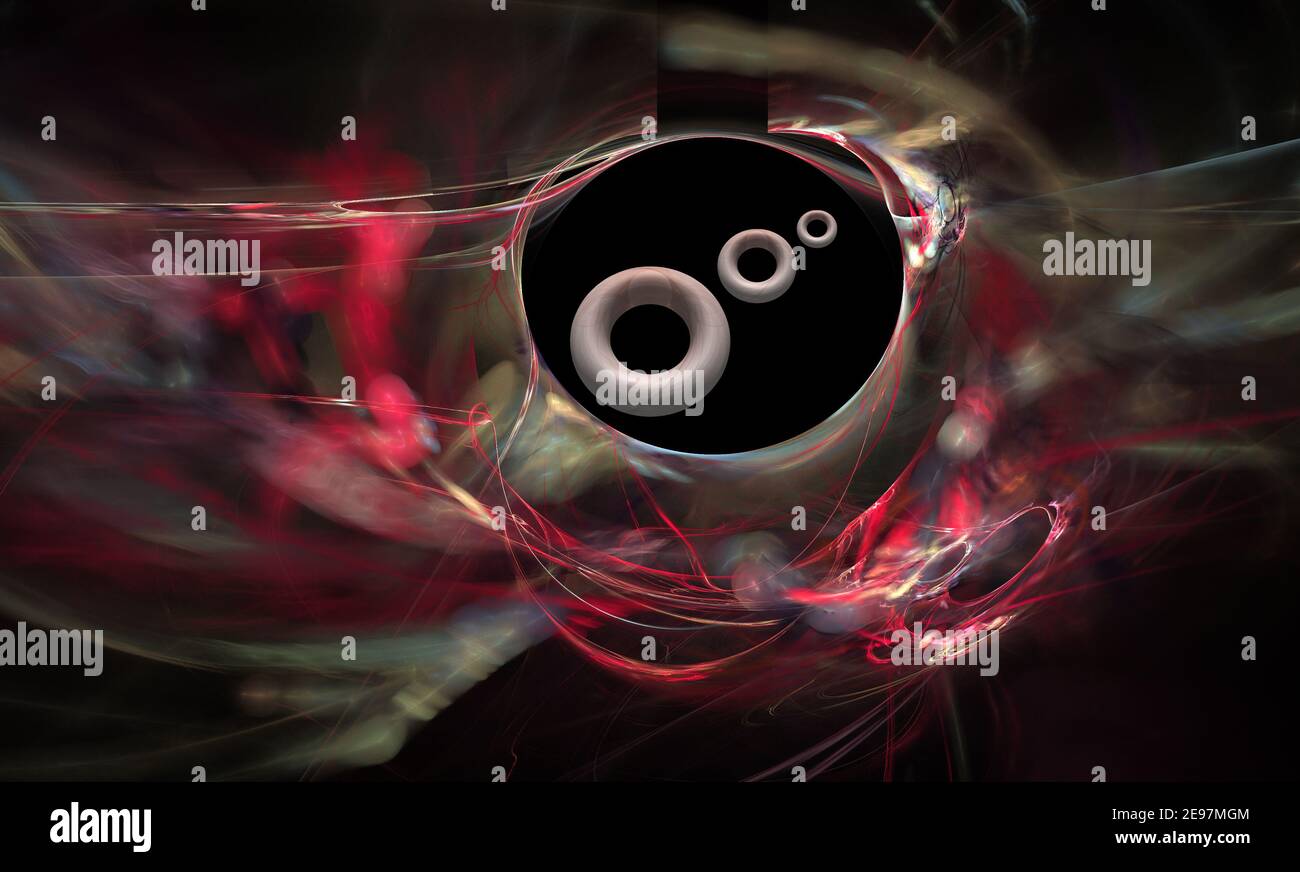 Fractales, corps 3D abstraits en forme d'anneau volant dans un trou noir au milieu des explosions d'énergie Banque D'Images