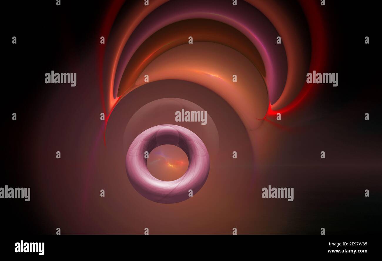 Fractales, un corps abstrait en forme d'anneau en 3D qui s'approche du fond d'une explosion d'énergie Banque D'Images