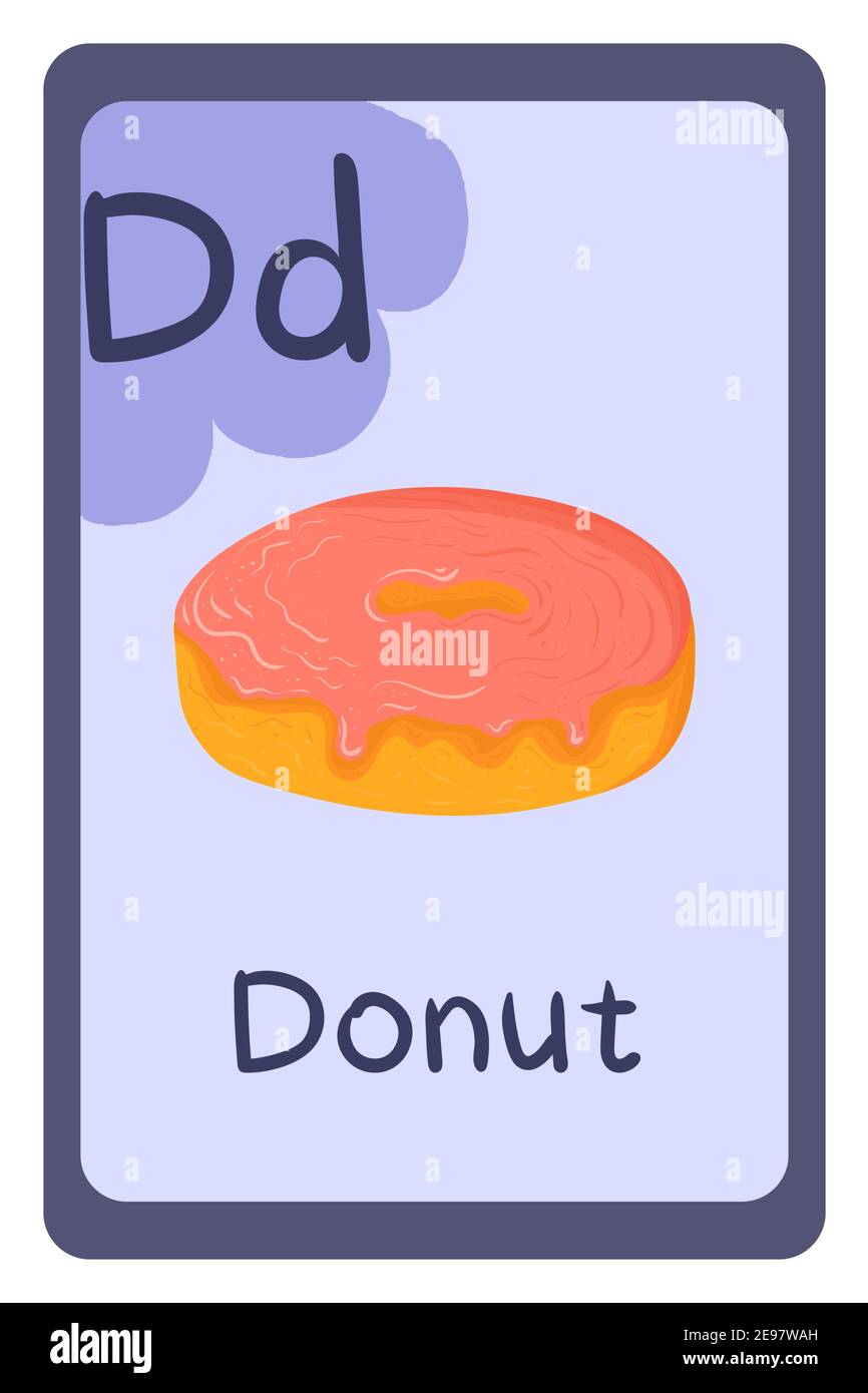 Carte éducative ABC, lettre D - donut. Illustration vectorielle de dessin animé. Clip isolé vectoriel. Modèle d'alphabet alimentaire. Illustration de Vecteur