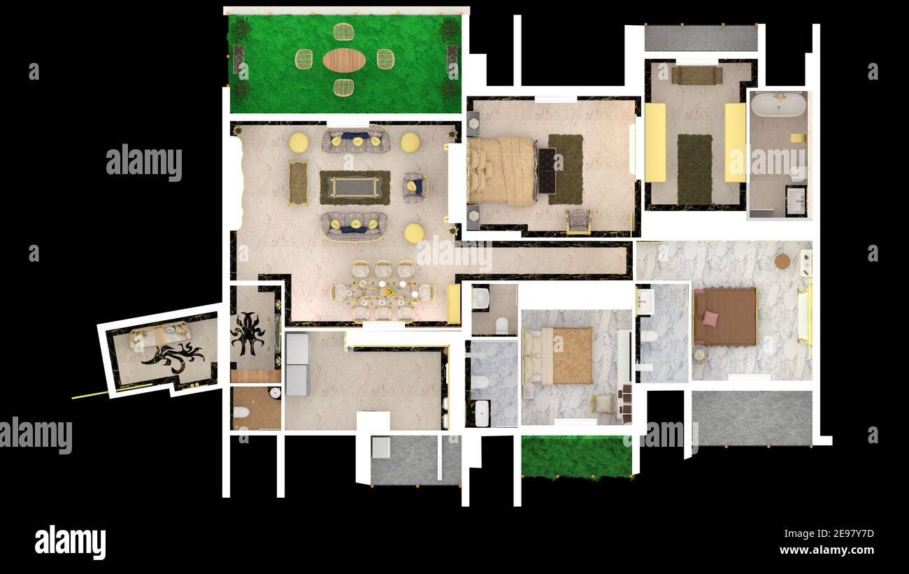 3d Render Illustration plan d'étage de style classique. Combinaisons classiques de thème blanc, noir et or. Banque D'Images