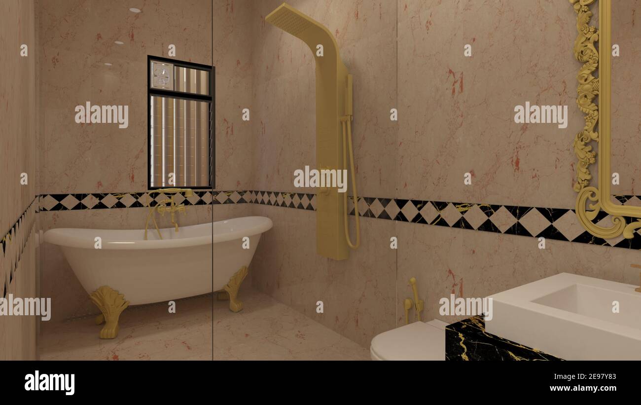 3d Render Illustration style classique toilettes. Combinaisons classiques de thème blanc, noir et or. Banque D'Images