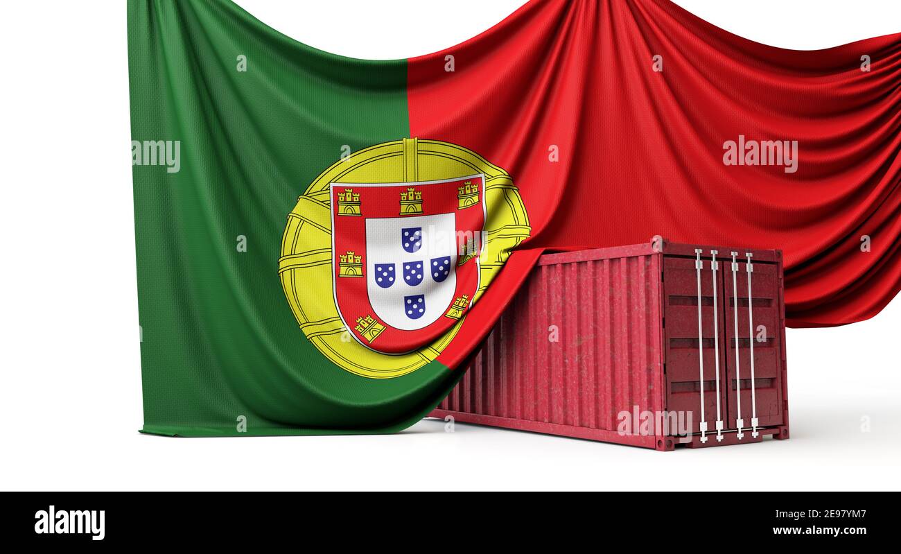 Drapeau portugais drapé sur un conteneur d'expédition commerciale. Rendu 3D Banque D'Images