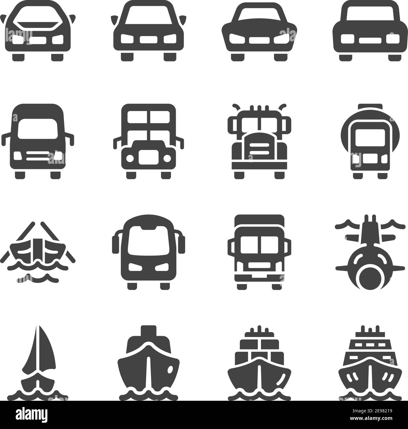 jeu d'icônes, vecteur et illustration de la vue avant du véhicule et du transport Illustration de Vecteur