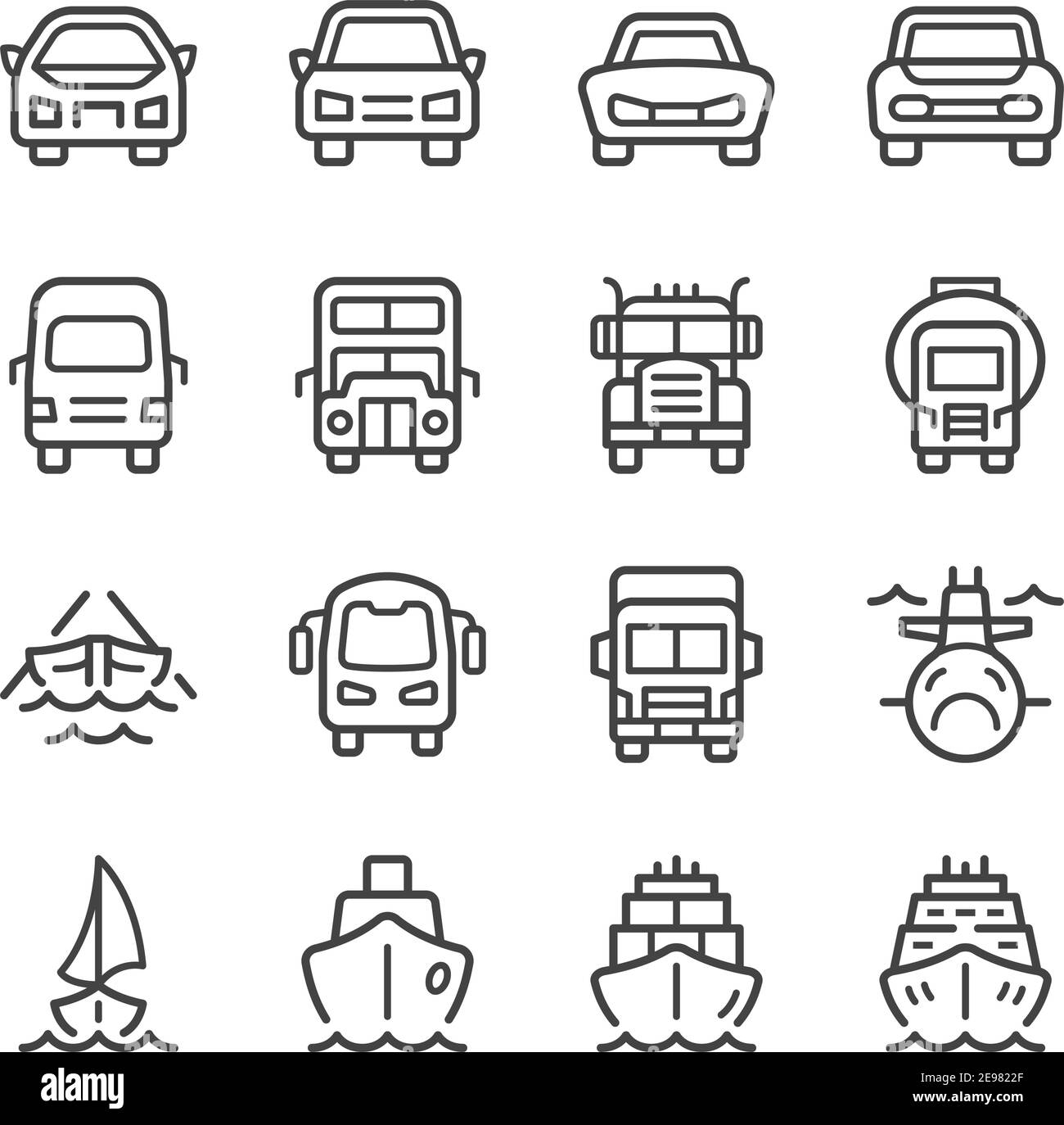 jeu d'icônes de ligne mince de vue avant du véhicule et du transport, vecteur et illustration Illustration de Vecteur