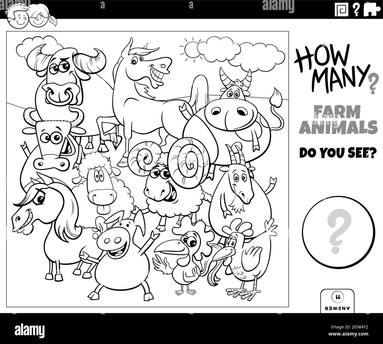 Illustration en noir et blanc du jeu éducatif de comptage pour les enfants avec la page de livre de coloriage de groupe de personnages animaux de ferme de dessin animé Illustration de Vecteur