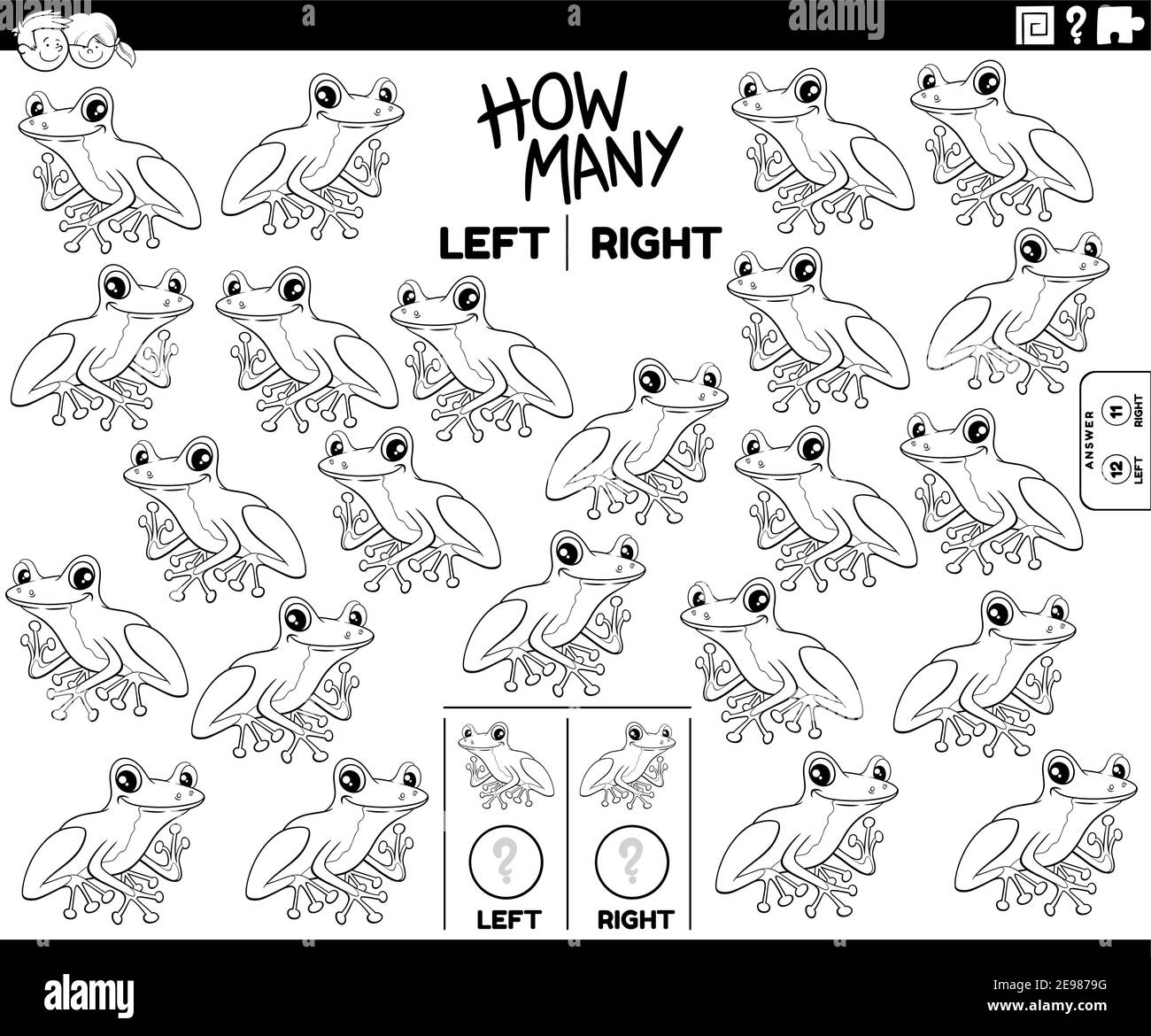 Illustration de dessin animé noir et blanc de la tâche éducative de compter images orientées à gauche et à droite de l'arbre de caractère animal grenouille page de livre de coloriage Illustration de Vecteur