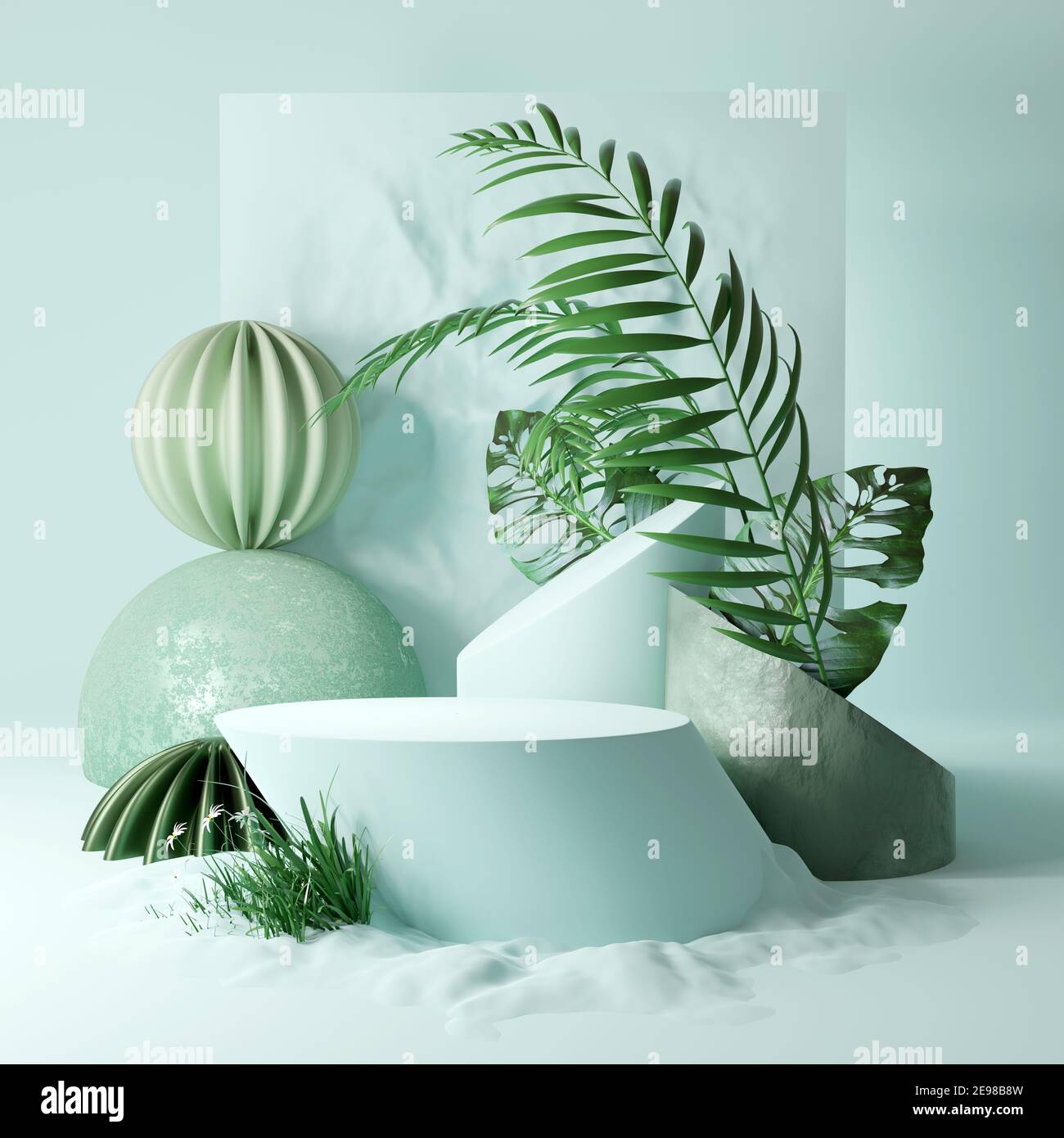 Fond de plateforme Studio contemporain avec plantes et formes abstraites. Illustration 3D de scène de couleur menthe Banque D'Images