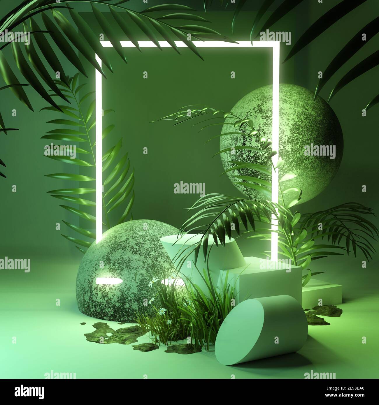 Scène de studio de fond vert naturel et frais bio avec lumières et plantes Neon. Rendu de l'illustration 3D. Banque D'Images