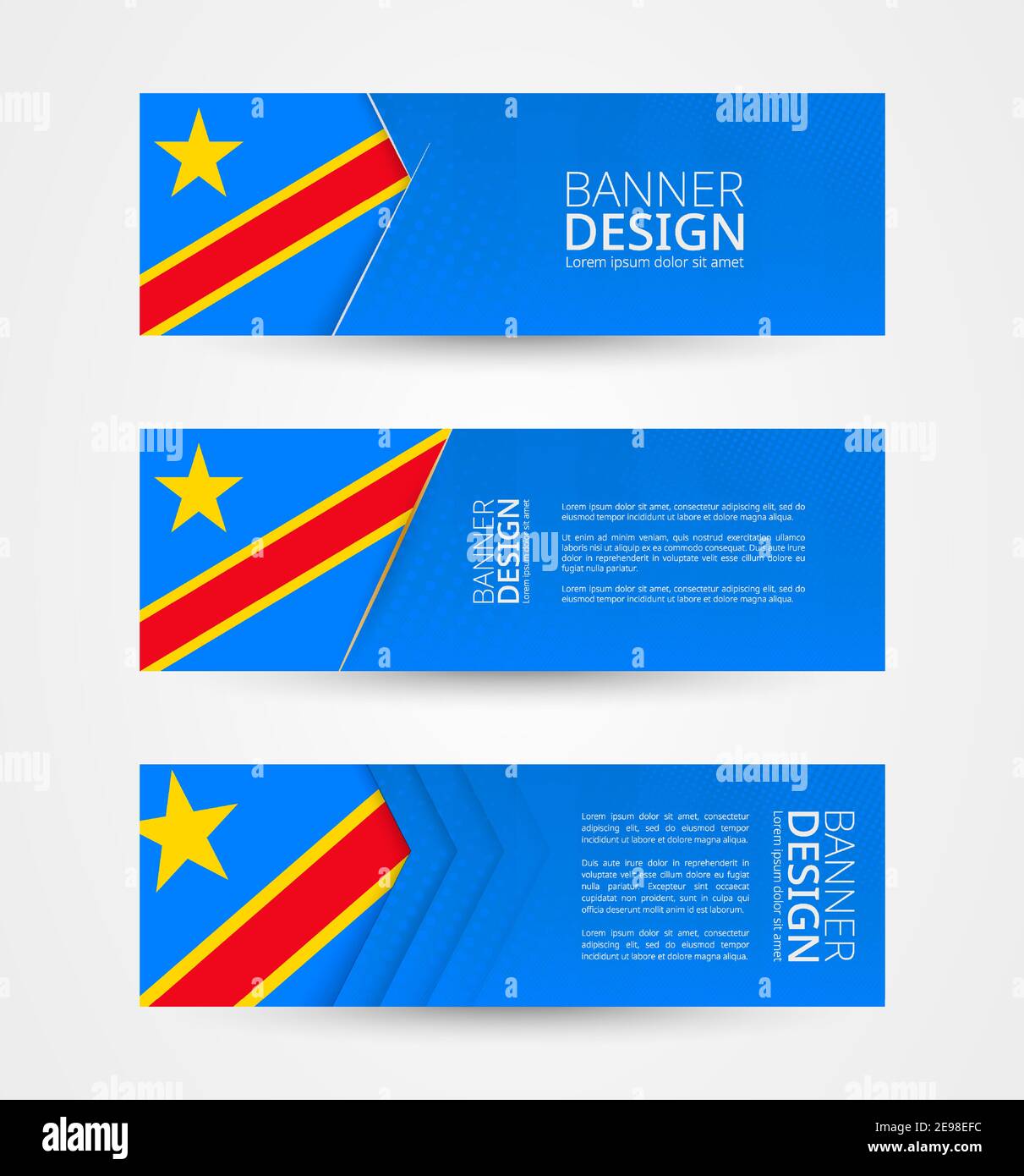 Ensemble de trois bannières horizontales avec drapeau de la RD Congo. Modèle de conception de bannière Web en couleur de drapeau DRC. Illustration vectorielle. Illustration de Vecteur