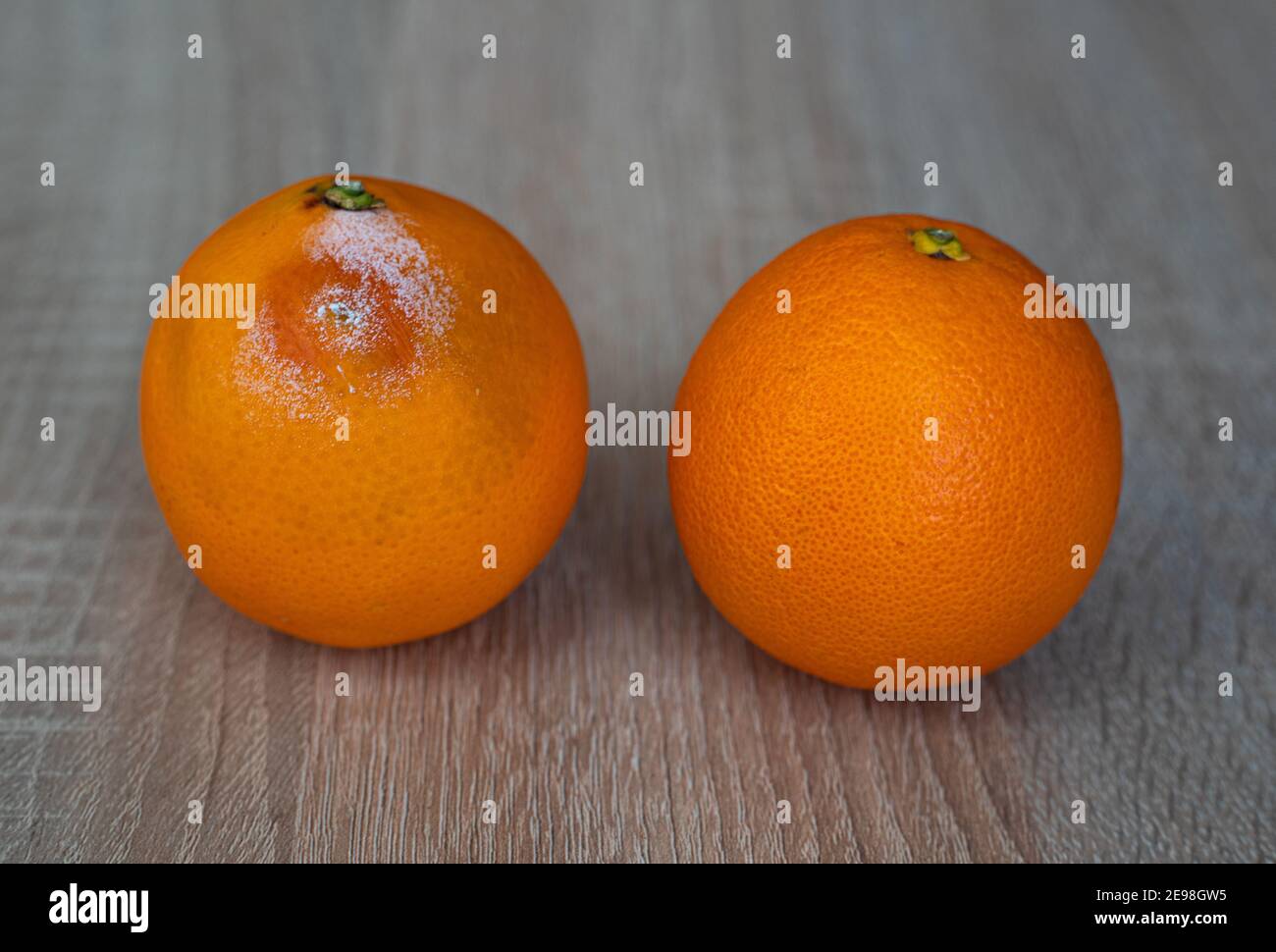 Une pourriture moisie et un fruit orange frais sur bois tableau Banque D'Images