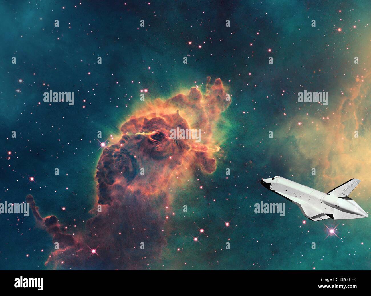 Image futuriste du concept de tourisme de voyage spatial, passant la Carina Nebula avec des engins spatiaux civils Banque D'Images