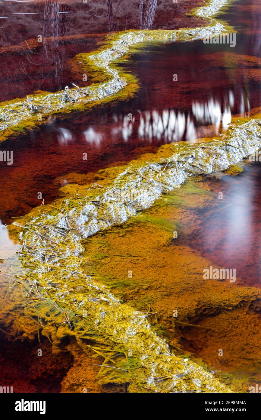 Pierres dans les eaux rouges reliées par des stromatolites, rivière Rio Tinto, Andalousie Espagne. Motif abstrait. Texture abstraite - arrière-plan abstrait - abstrait Banque D'Images