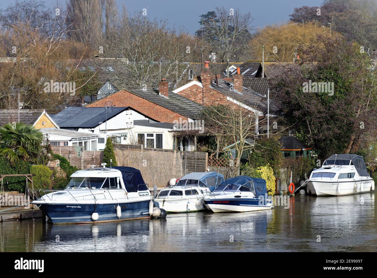 Maisons privées au bord de la rivière sur la Tamise Meadow, avec vue sur Walton Côté de la rivière Shepperton Angleterre Royaume-Uni Banque D'Images