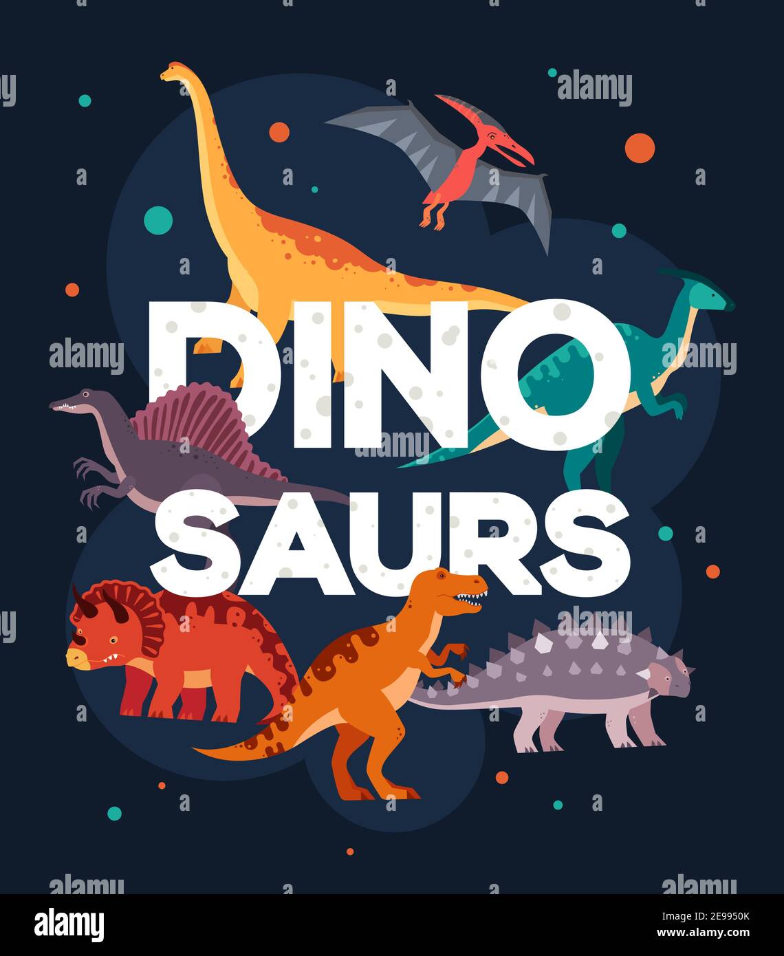 Différents dinosaures - affiche colorée de style plat. Pteranodon, brachiosaurus, ankylosaurus, T-rex, triceratops, spinosaurus, parasaurolophus ima Illustration de Vecteur