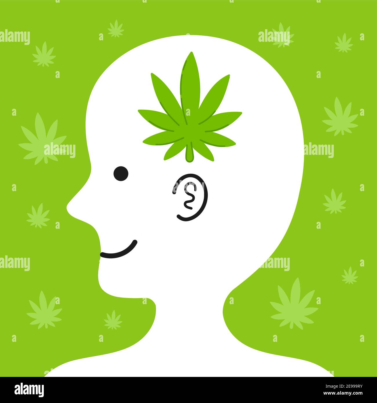 Jolie tête humaine en profil avec feuille de marijuana à l'intérieur. Icône d'illustration de personnage de dessin animé vectoriel. Marijuana médicale, concept de mauvaises herbes Illustration de Vecteur