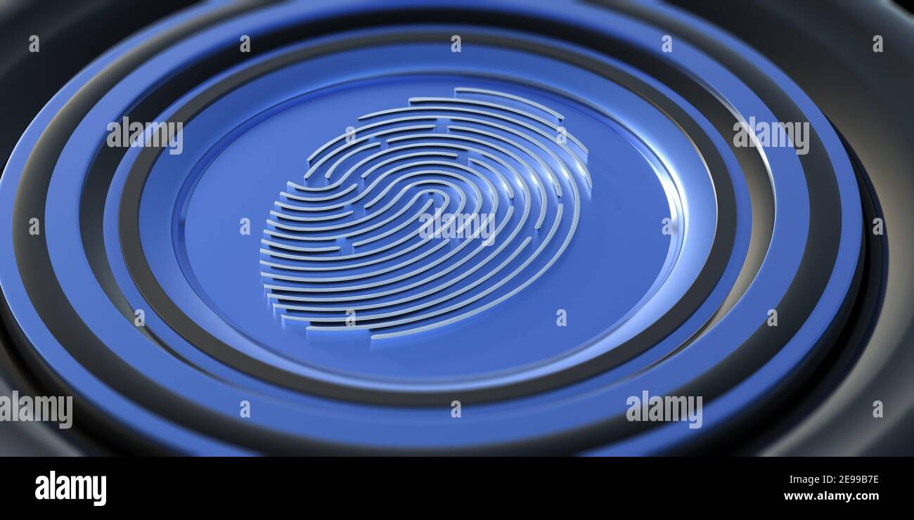 Technologie d'empreinte digitale de la clé de verrouillage de voiture. Télécommande du véhicule, authentification biométrique. Bouton du scanner de doigt de couleur bleue. Illustration 3D Banque D'Images